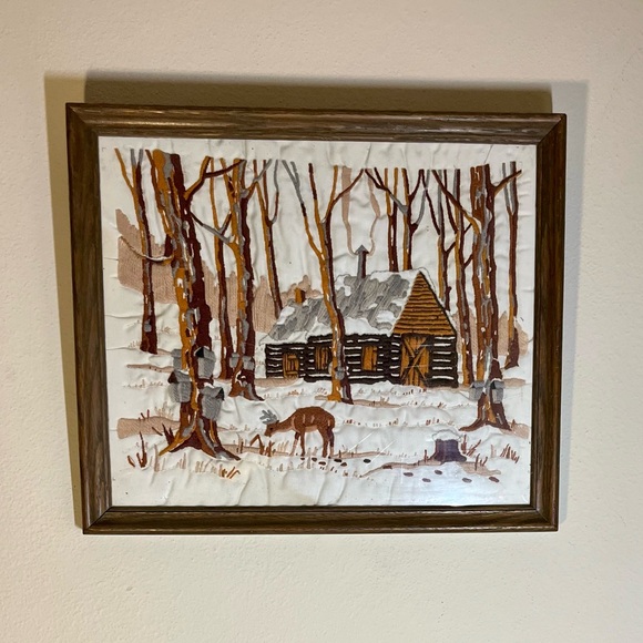 Crewel Embroidery Rustic Cabin Winter Scene Wall Art - Picture 1 of 7